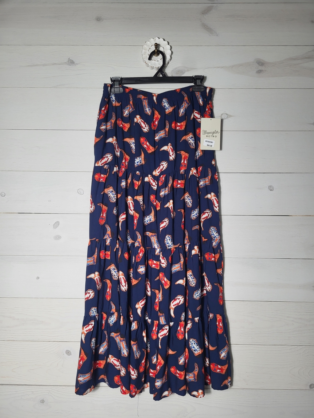 NWT Wrangler Retro Women’s Navy Maxi Skirt Cowboy Boot Whimsical Western.